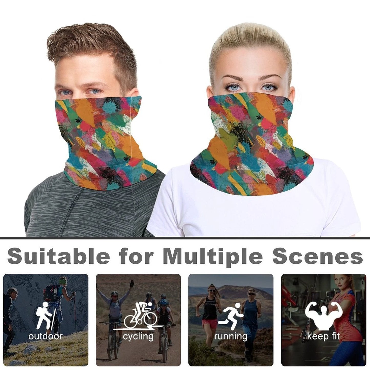 Painted Camo Neck Gaiter — Multicolor Brush-Dab AOP Face Cover for Festival, Trail & Slope Days