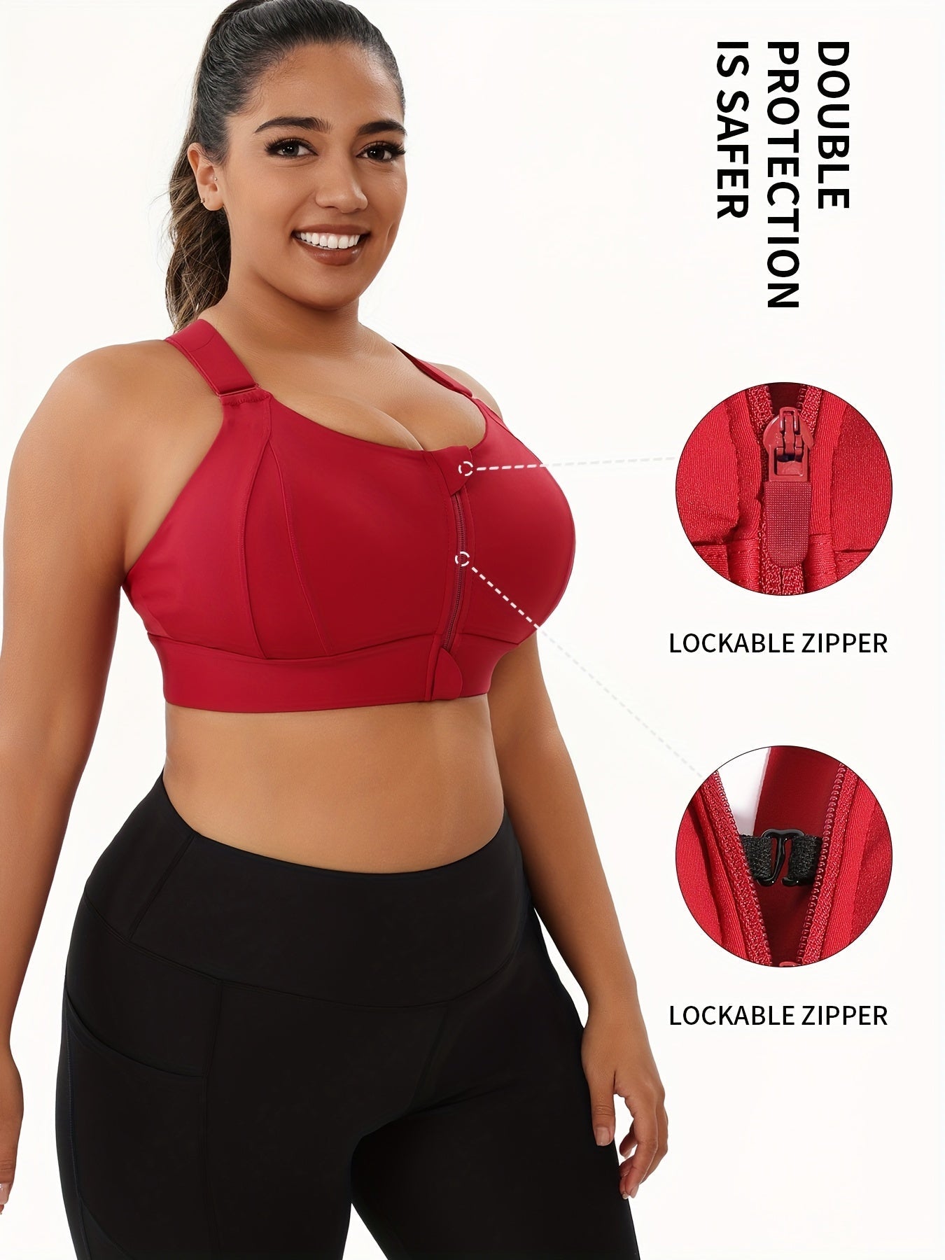 Plus Size Front Zip Sports Bra, Racerback Design TJR7L4D