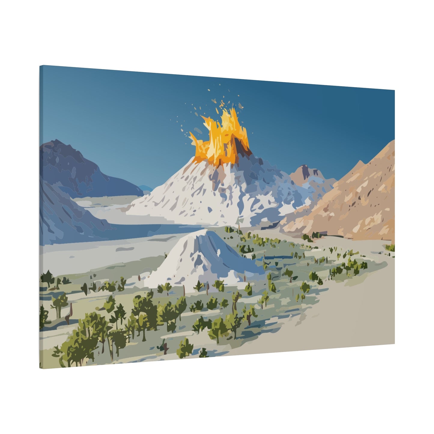 Tropical Volcano Eruption Canvas Wall Art | Stylized National-Park Vector Print on FSC-Certified Stretched Matte Canvas — Mystery Island Decor