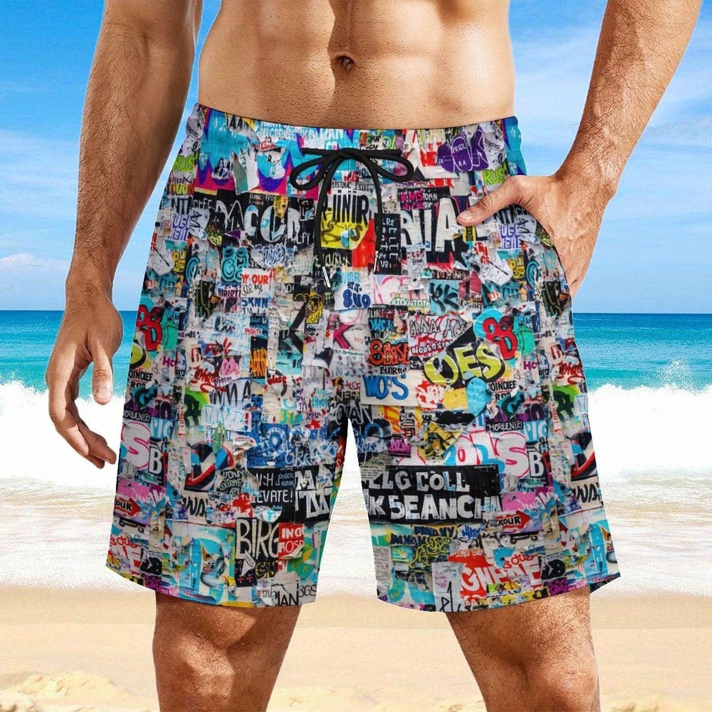 Sticker Bomb Beach Shorts with 4 Pockets — Street Collage AOP Swim-Ready Summer Shorts