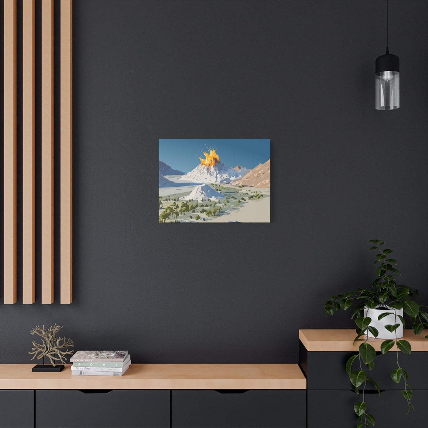 Tropical Volcano Eruption Canvas Wall Art | Stylized National-Park Vector Print on FSC-Certified Stretched Matte Canvas — Mystery Island Decor