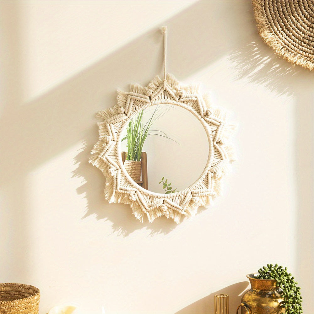 Boho Chic Round Wall Mirror with Macrame Fringe - P2FV