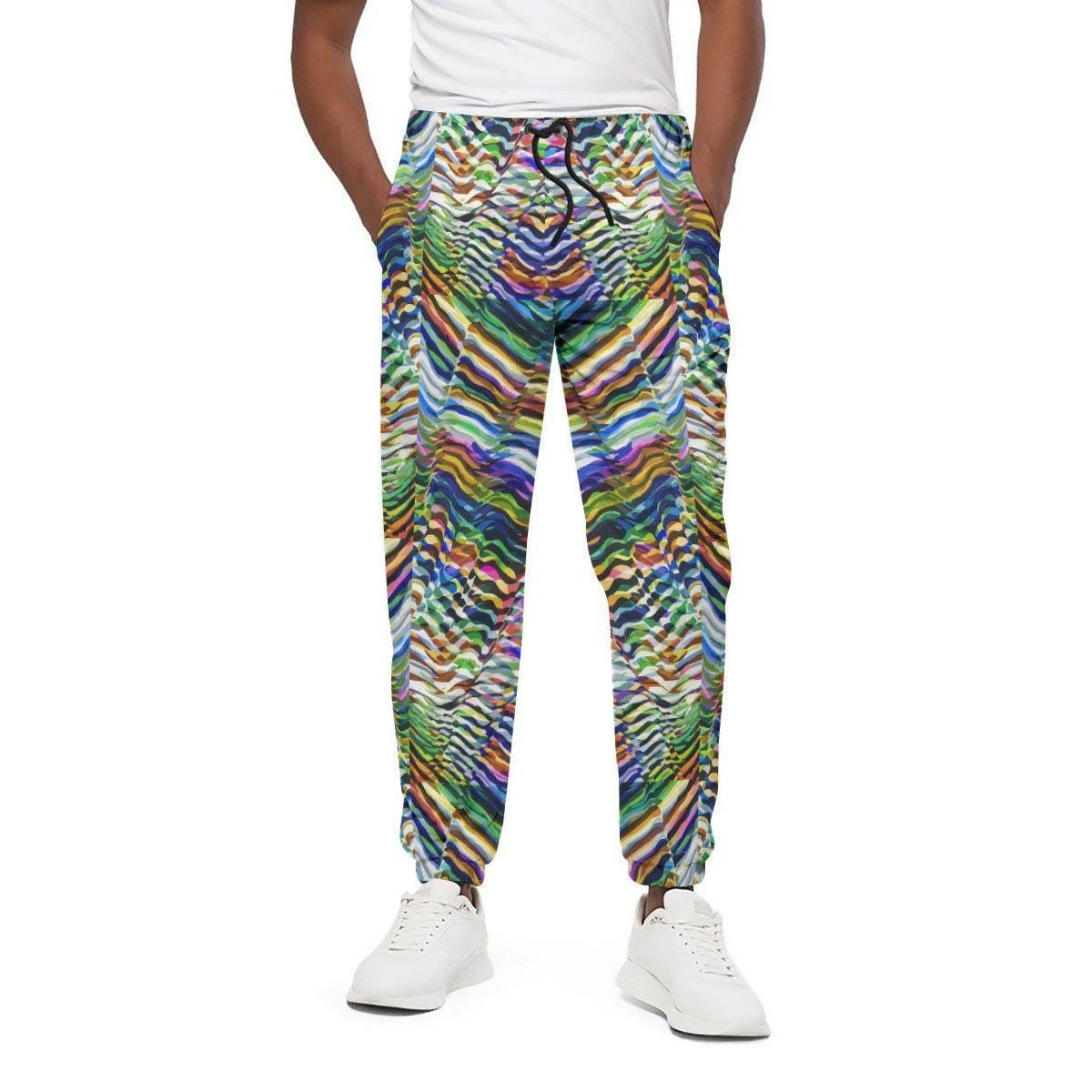 Neon Zebra Psychedelic Joggers for Festival Shuffling and Bold Dressers — Elastic Waist Cotton Streetwear Pants, Electric Animal Print Rave Bottoms