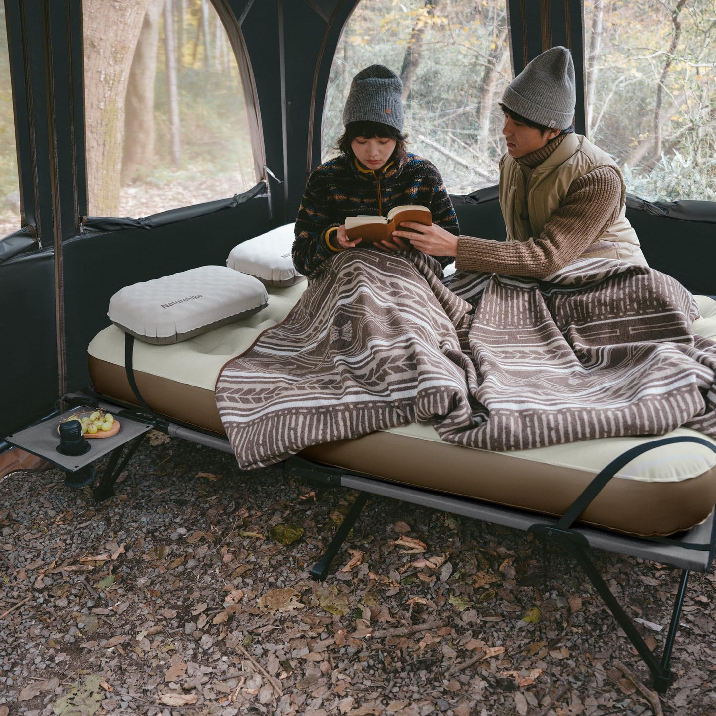 Naturehike Cot Frame & Air Mattress Portable Lightweight 2 Person Folding Camping Cot With Camping Air Mattress Built-in Side Table Camping Bed For Adults