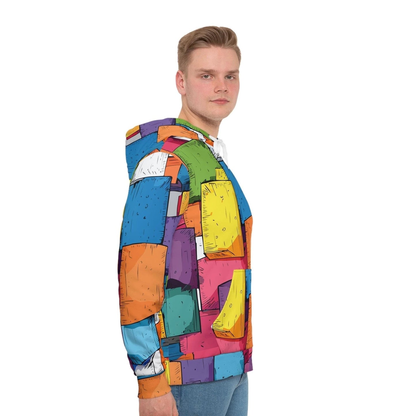 Maximalist Geometric Block Print Hoodie for Tech-Creatives — Vibrant Architectural AOP Sweatshirt, Bold Color Statement Gift for Him