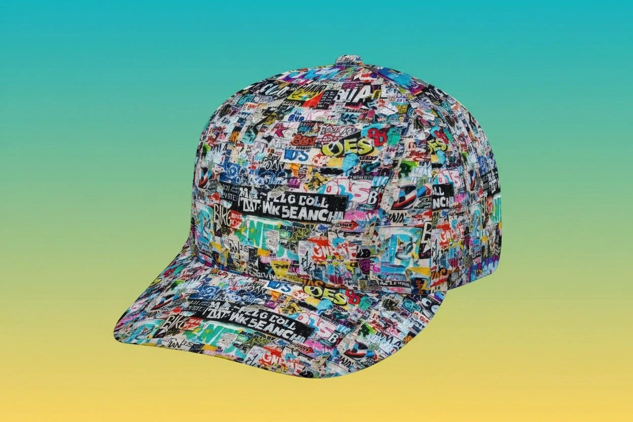 StreetsmART Sticker Bomb AOP Bent Brim Snapback Cap | Urban Collage Print 6-Panel Curved Brim Streetwear Hat for Skate, Festival & Alt-Fashion
