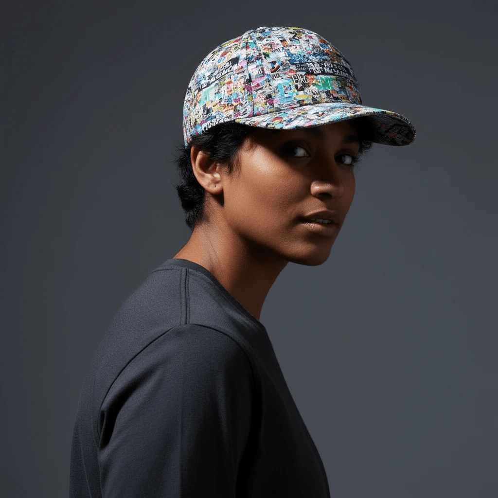 StreetsmART Sticker Bomb AOP Bent Brim Snapback Cap | Urban Collage Print 6-Panel Curved Brim Streetwear Hat for Skate, Festival & Alt-Fashion