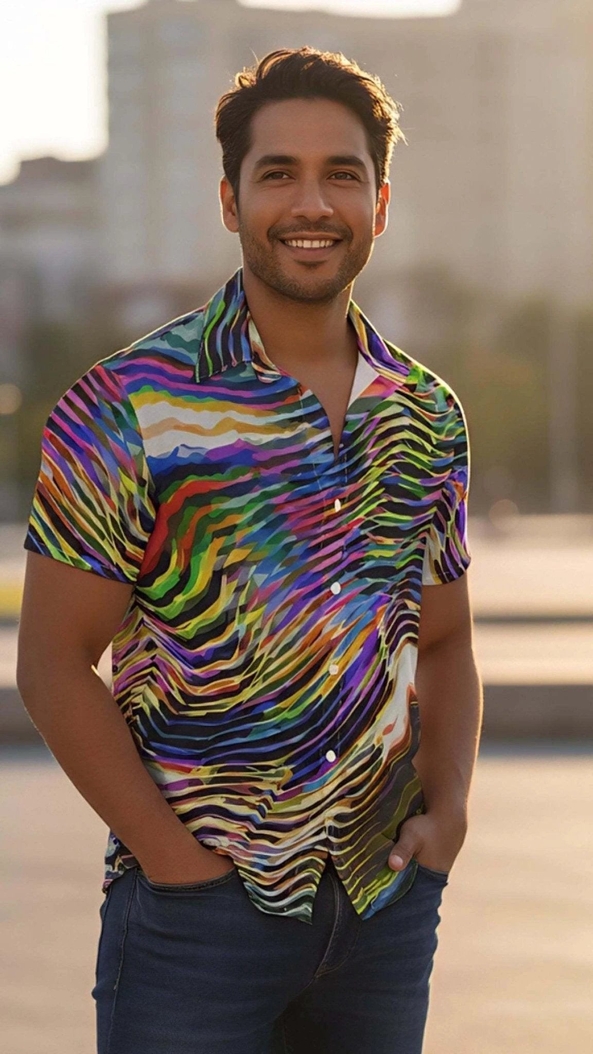 Ethereal Zebra Psychedelic Button-Up for Creative Professionals — Wave AOP Short Sleeve Maximalist Shirt, Festival Business Casual Crossover