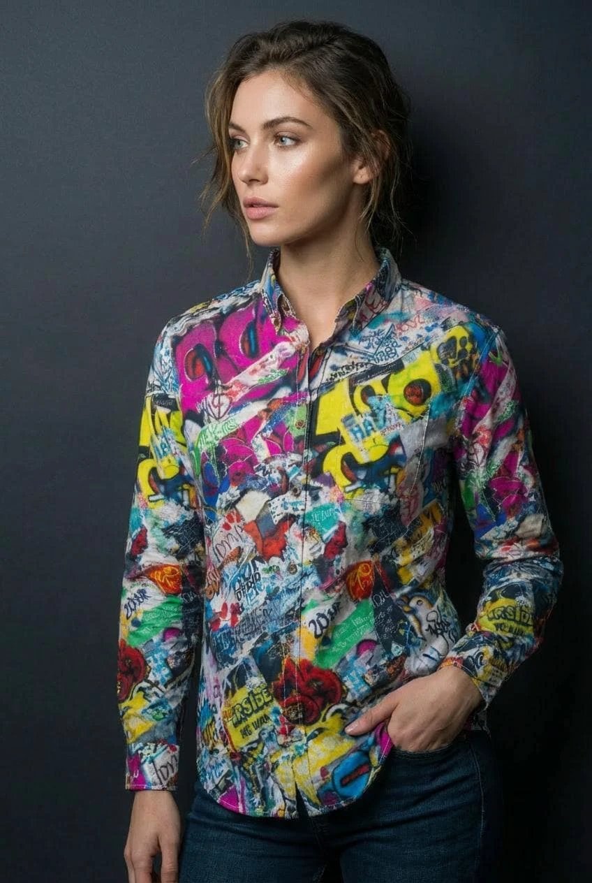 Graffiti Print Cotton Poplin Shirt for Creative Directors and Urban Stylists — Antibacterial AOP Designer Workwear, Smart-Casual Street Art Statement