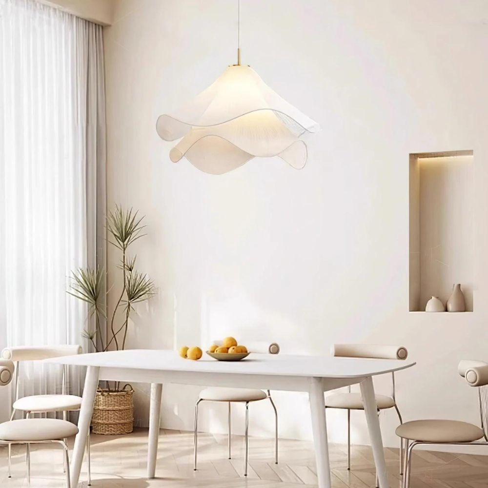 White Japandi Fabric pendant lights LED Light With Wavy Shade