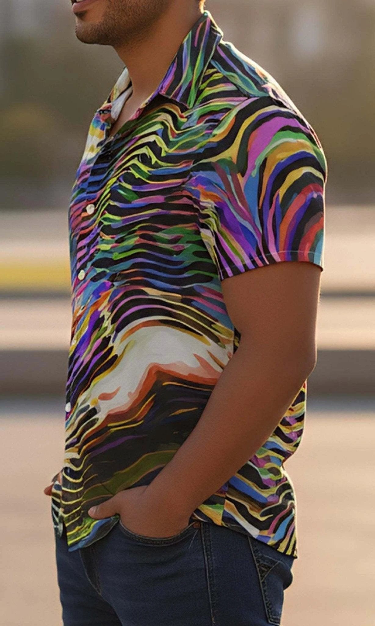 Ethereal Zebra Psychedelic Button-Up for Creative Professionals — Wave AOP Short Sleeve Maximalist Shirt, Festival Business Casual Crossover