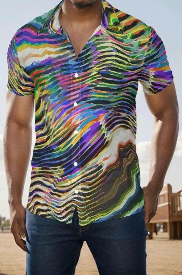 Ethereal Zebra Psychedelic Button-Up for Creative Professionals — Wave AOP Short Sleeve Maximalist Shirt, Festival Business Casual Crossover