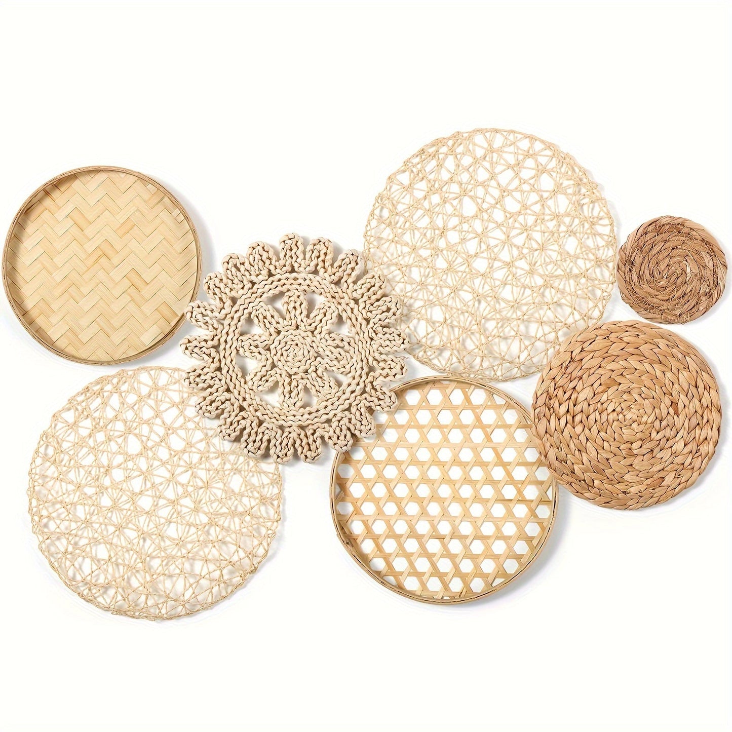 Boho Style 7-Piece Handmade Woven Seagrass Rattan Wall Decor - CDV0