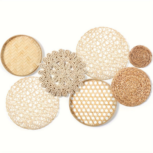 Boho Style 7-Piece Handmade Woven Seagrass Rattan Wall Decor - CDV0
