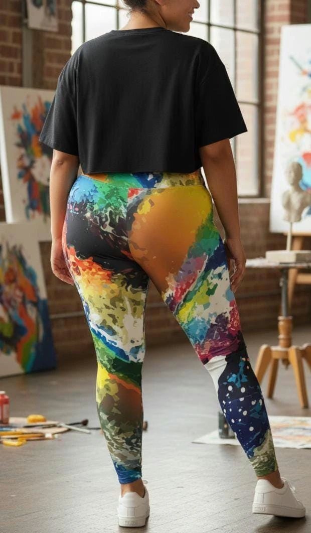 Maximalist Paint Splash Leggings for Plus Size Self-Expressers — Abstract Expressionist AOP Tights, Festival Yoga Wear, Inclusive Bold Activewear