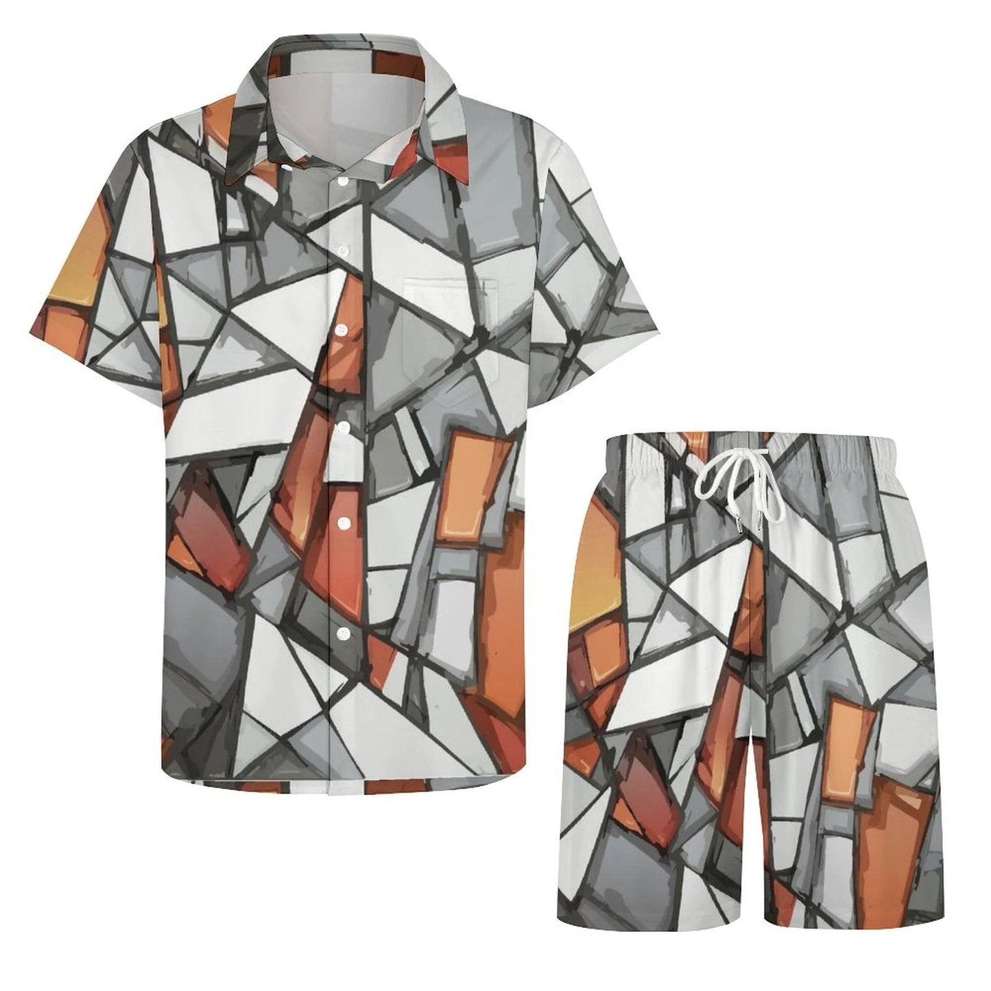 Shattered Mosaic Shirt & Shorts Set — Stone & Amber Fragment AOP Matching Two-Piece Summer Fit