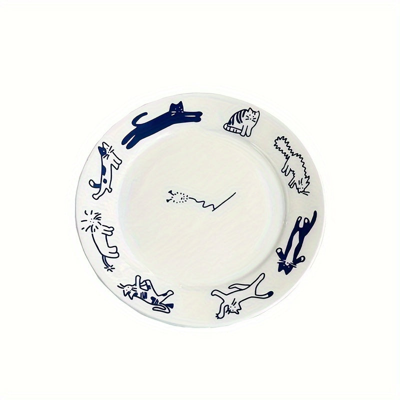 Vintage Cute Kitten Puppy Blue Breakfast Ceramic Plate - DO2K