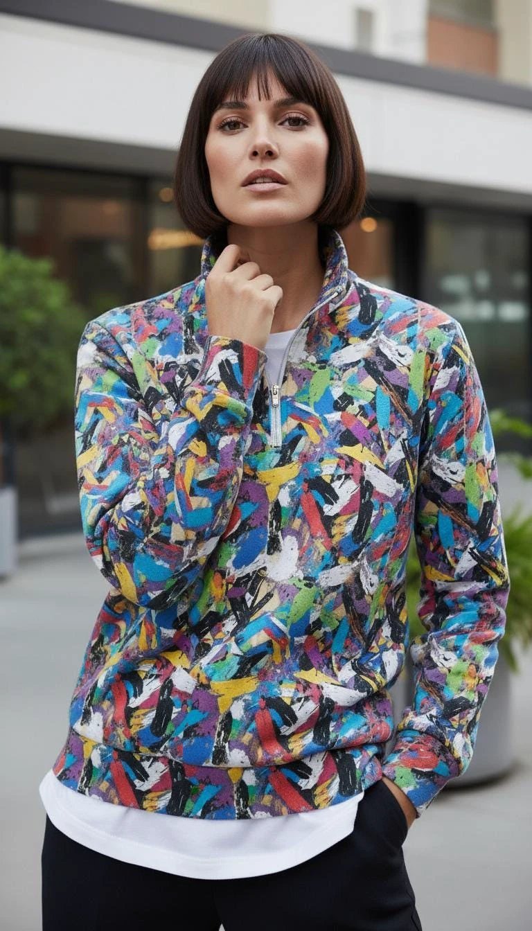 Digital Impasto Paint Stroke Half-Zip for Fine Artists and Curators — 310gsm 100% Cotton Premium Pullover, Stand-Up Collar Art Statement