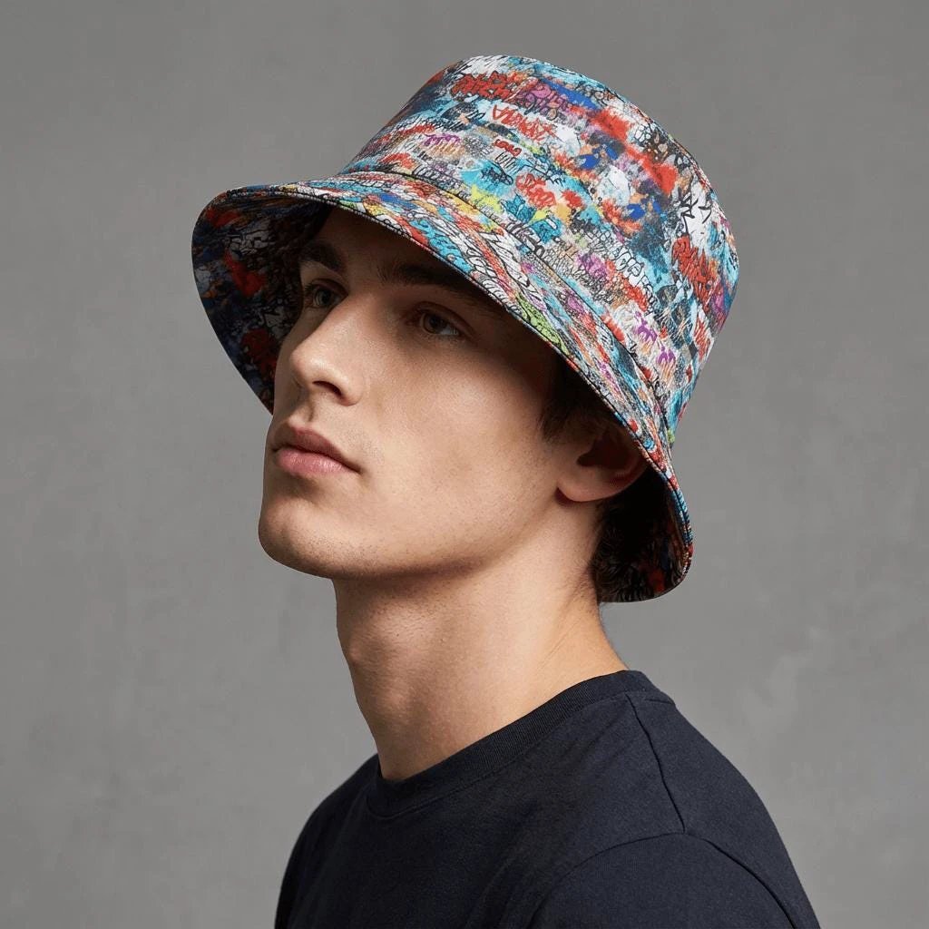 Graffiti Print AOP Bucket Hat | Maximalist All-Over Print Urban Festival Sun Hat