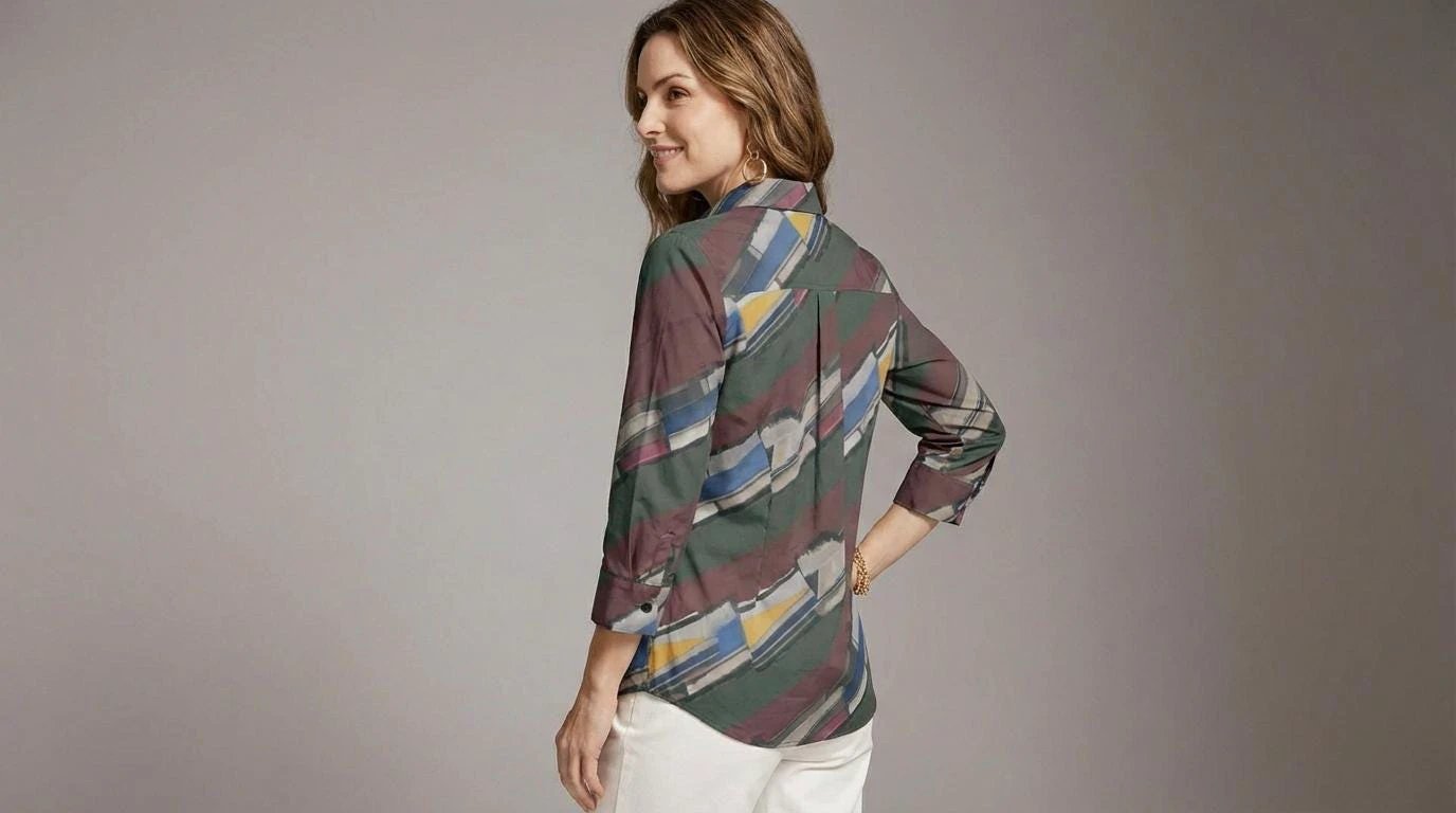 Modern Abstract Geometric Brushstroke Blouse for Earthy Jewel Tone Dressers — Dyles Mavis AOP Acid Marble Top, Chaos-Core Liquid Stretch Fashion