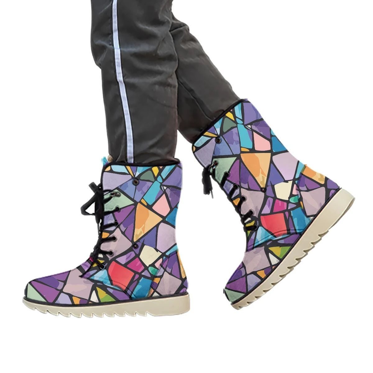 Geometric Prism AOP Winter Boots for Artistic Style Collectors — Warm Velvet-Lined Non-Slip Women's Footwear, Bold Pattern Statement Shoes