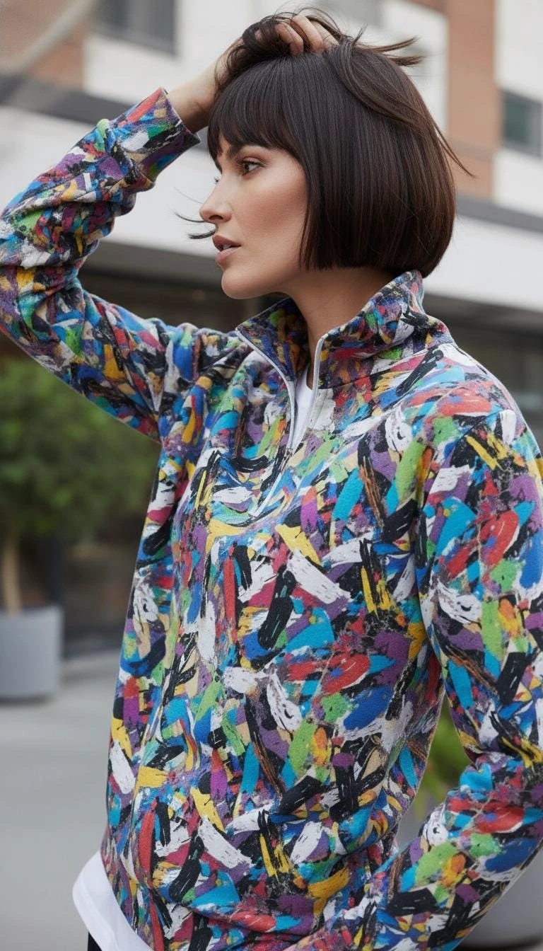 Digital Impasto Paint Stroke Half-Zip for Fine Artists and Curators — 310gsm 100% Cotton Premium Pullover, Stand-Up Collar Art Statement