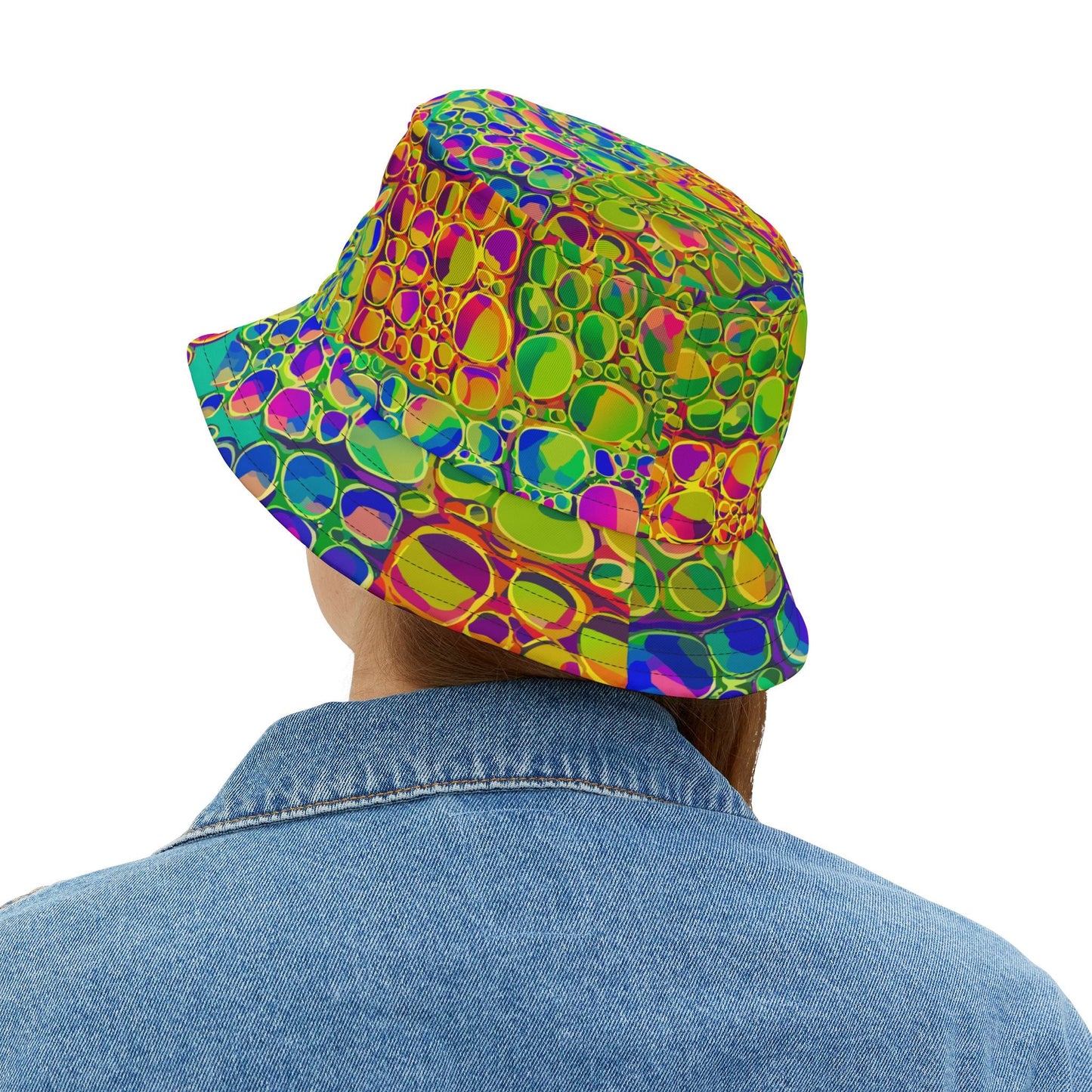 Mind-Melting Visuals AOP Bucket Hat | Dyles Mavis Hot-Pink & Lime Psychedelic Hypno-Dot Print — Made in USA Festival Streetwear Hat (Unisex)