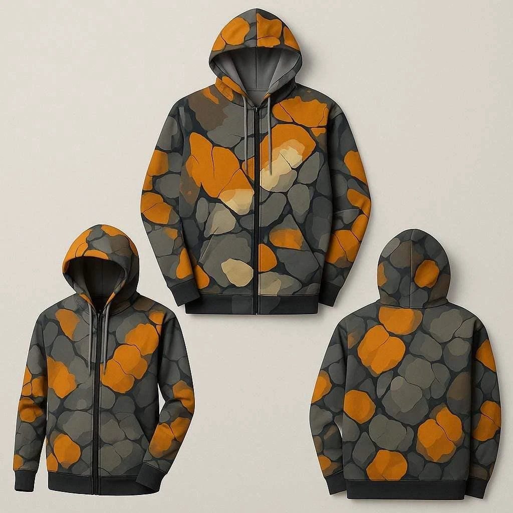 Maximalist Shattered Glass AOP Hoodie for Bold Streetwear Fans — Heavyweight Primal Print Pullover, Orange Black Halloween Fall Statement