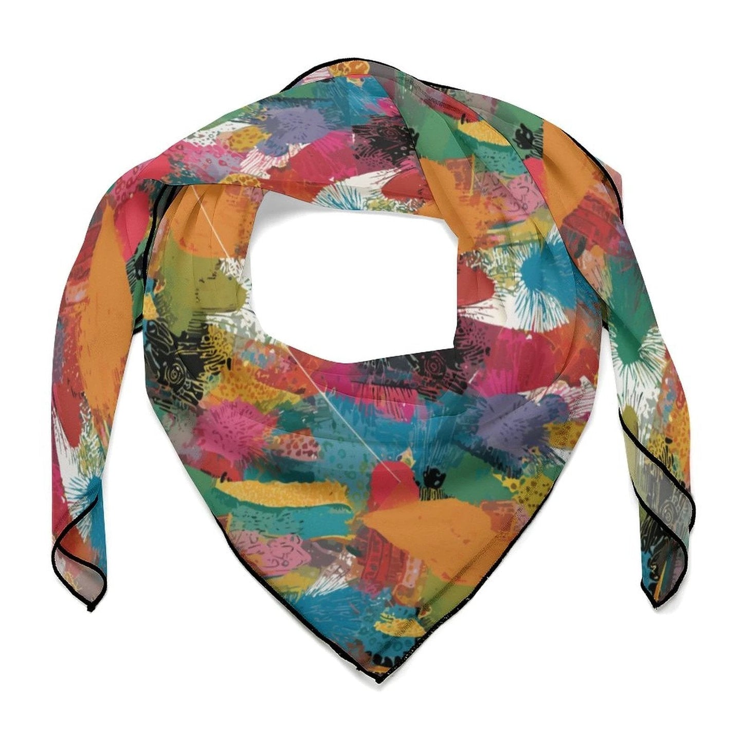 Maximalist Six-Way Scarf for Aesthetic Collectors — Abstract AOP Silk-Feel Square, Wearable Art Neckerchief, Festival Hair Wrap, Gift Under $15