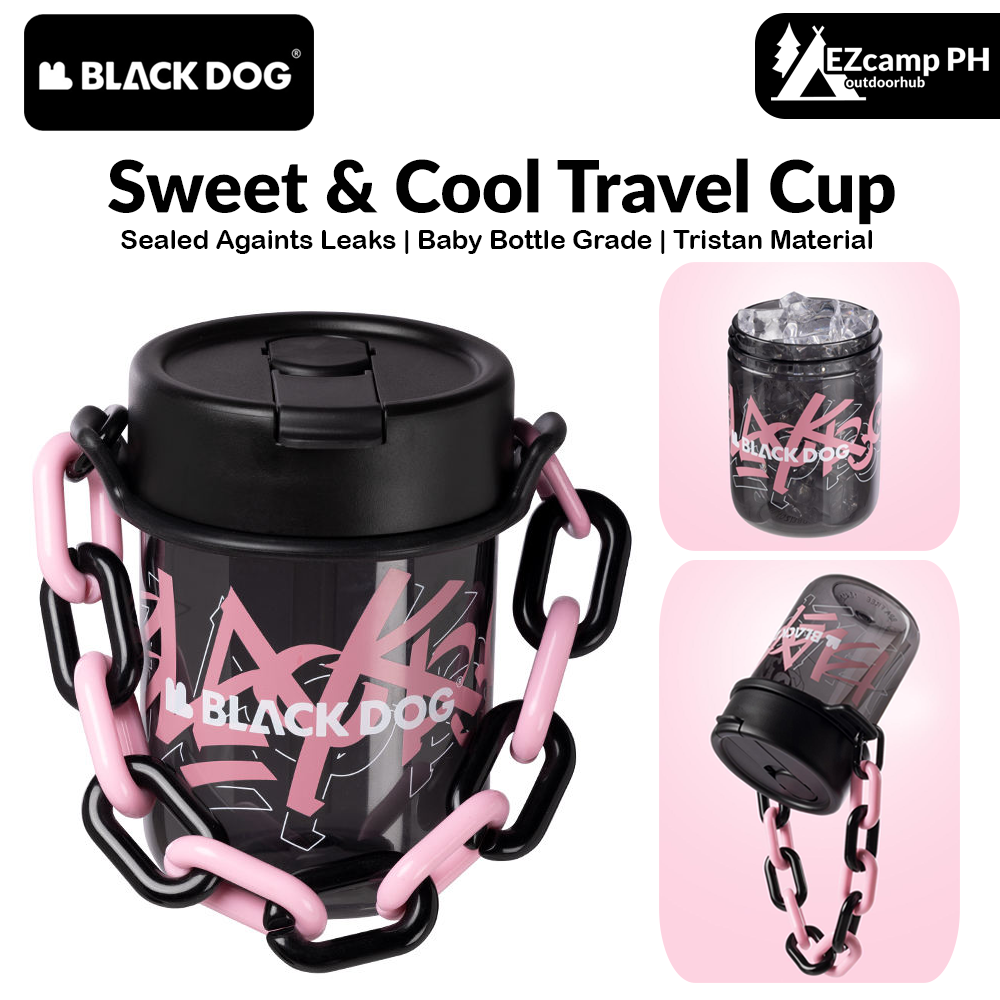 BLACKDOG Sweet & Cool Travel Cup Portable Lightweight Black Pink Tritan Water Bottle With Cap Hot And Cold Leak Proof On the Go Chain Handle