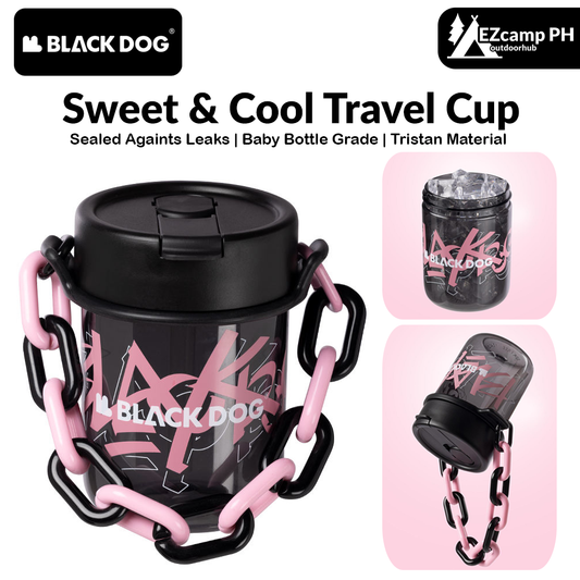 BLACKDOG Sweet & Cool Travel Cup Portable Lightweight Black Pink Tritan Water Bottle With Cap Hot And Cold Leak Proof On the Go Chain Handle