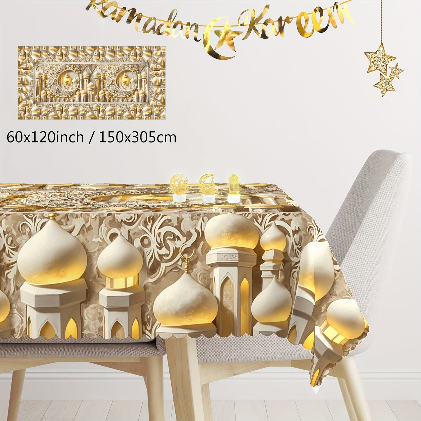 Elegant White Moon & Islamic Architecture Tablecloth TJR9M6D