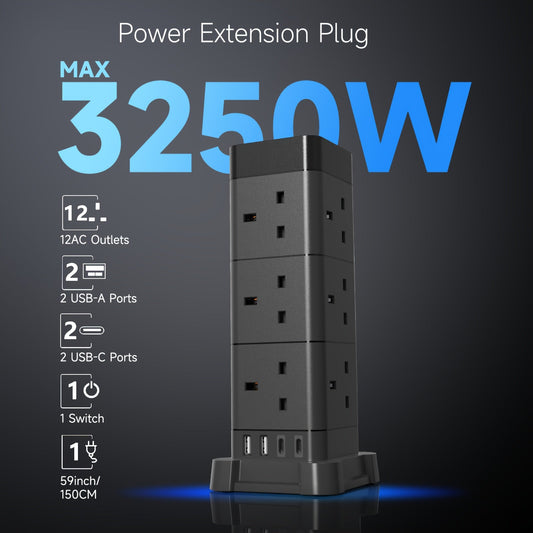 12-Outlet Tower Extension Lead with 4 USB Ports TJR3L6N