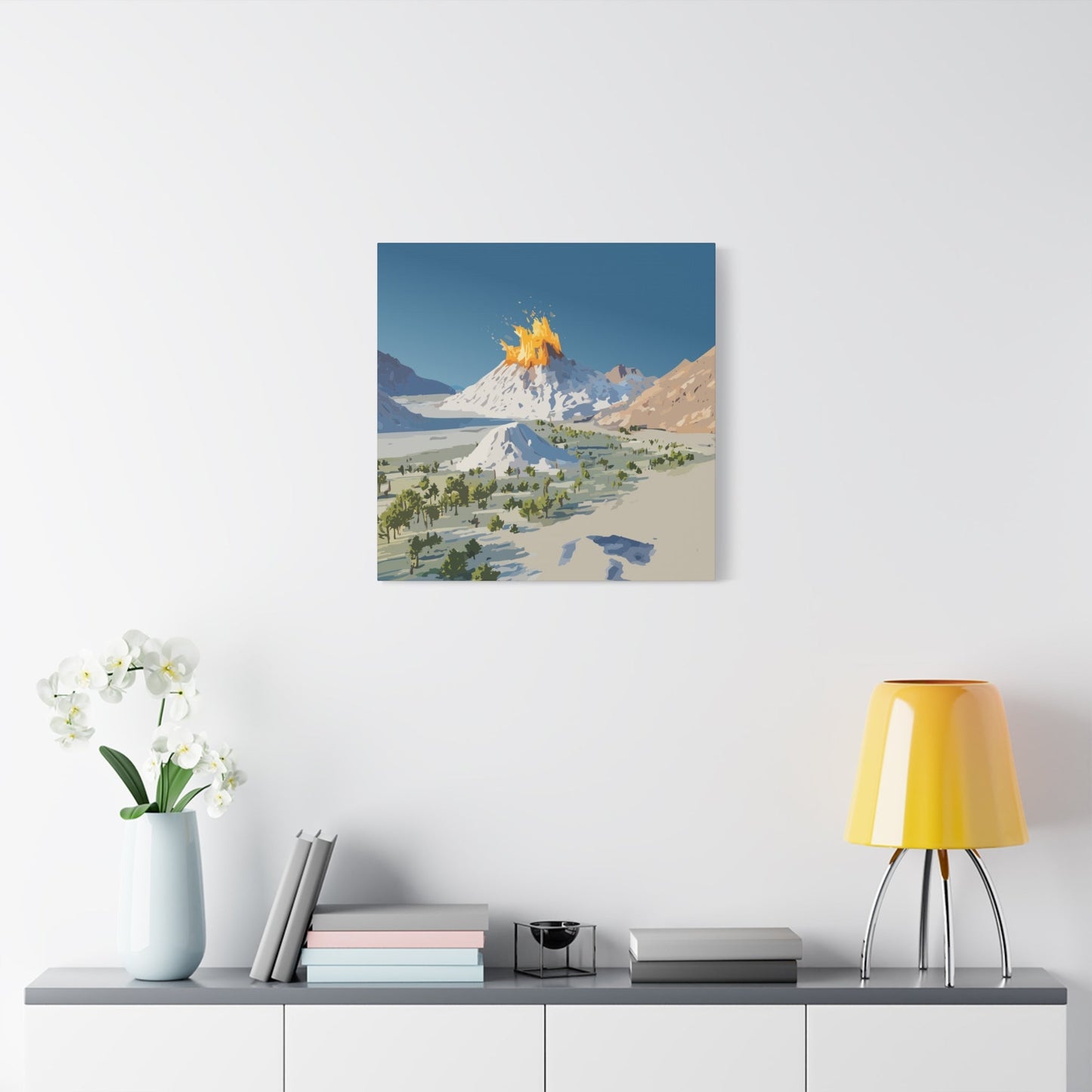 Tropical Volcano Eruption Canvas Wall Art | Stylized National-Park Vector Print on FSC-Certified Stretched Matte Canvas — Mystery Island Decor