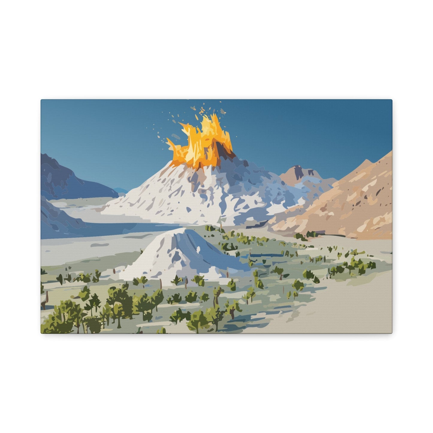 Tropical Volcano Eruption Canvas Wall Art | Stylized National-Park Vector Print on FSC-Certified Stretched Matte Canvas — Mystery Island Decor