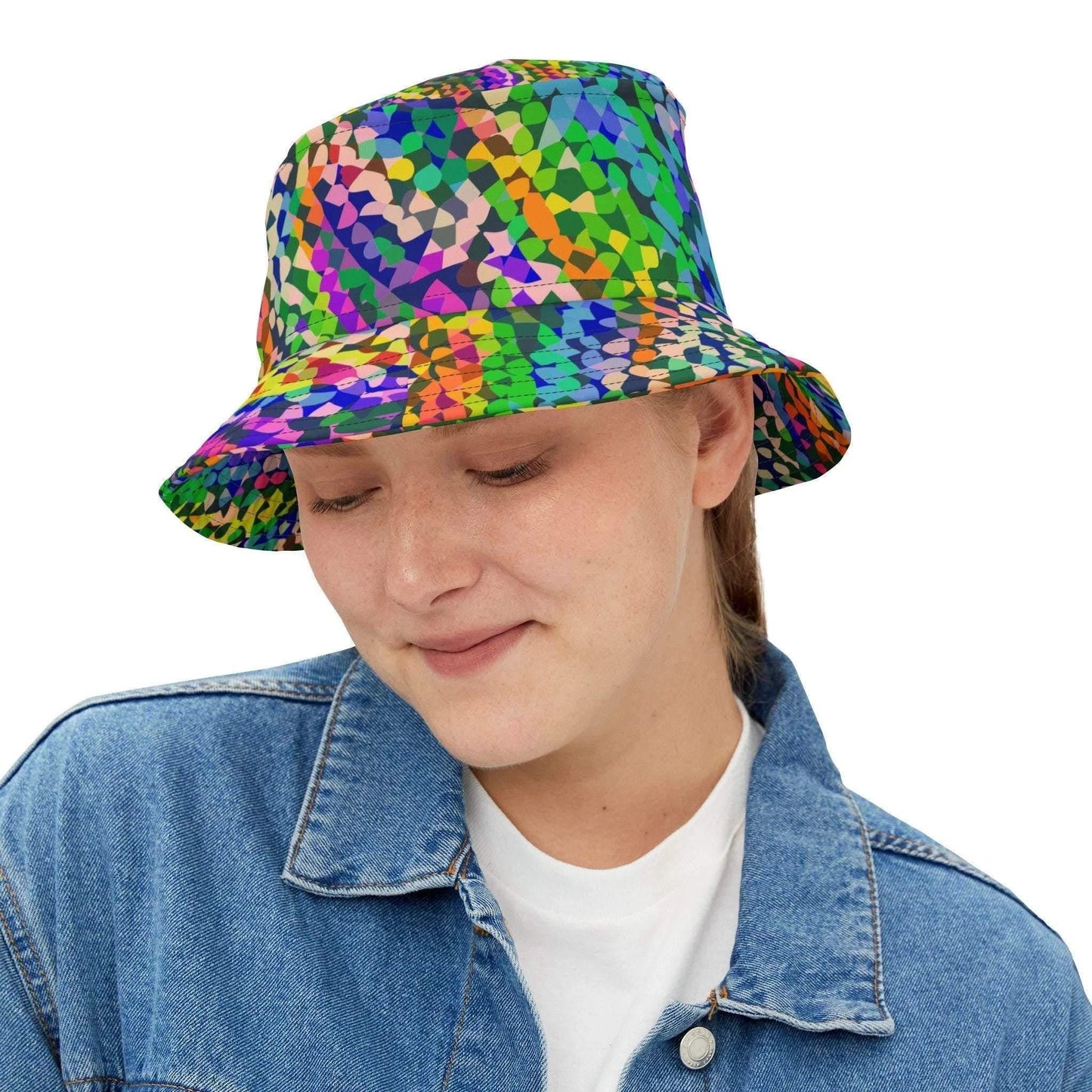 Kaleidoscope Psychedelic Rainbow Bucket Hat for Rave and Festival Dressers — Geometric AOP Sun Hat, Dance Party Trippy Headwear