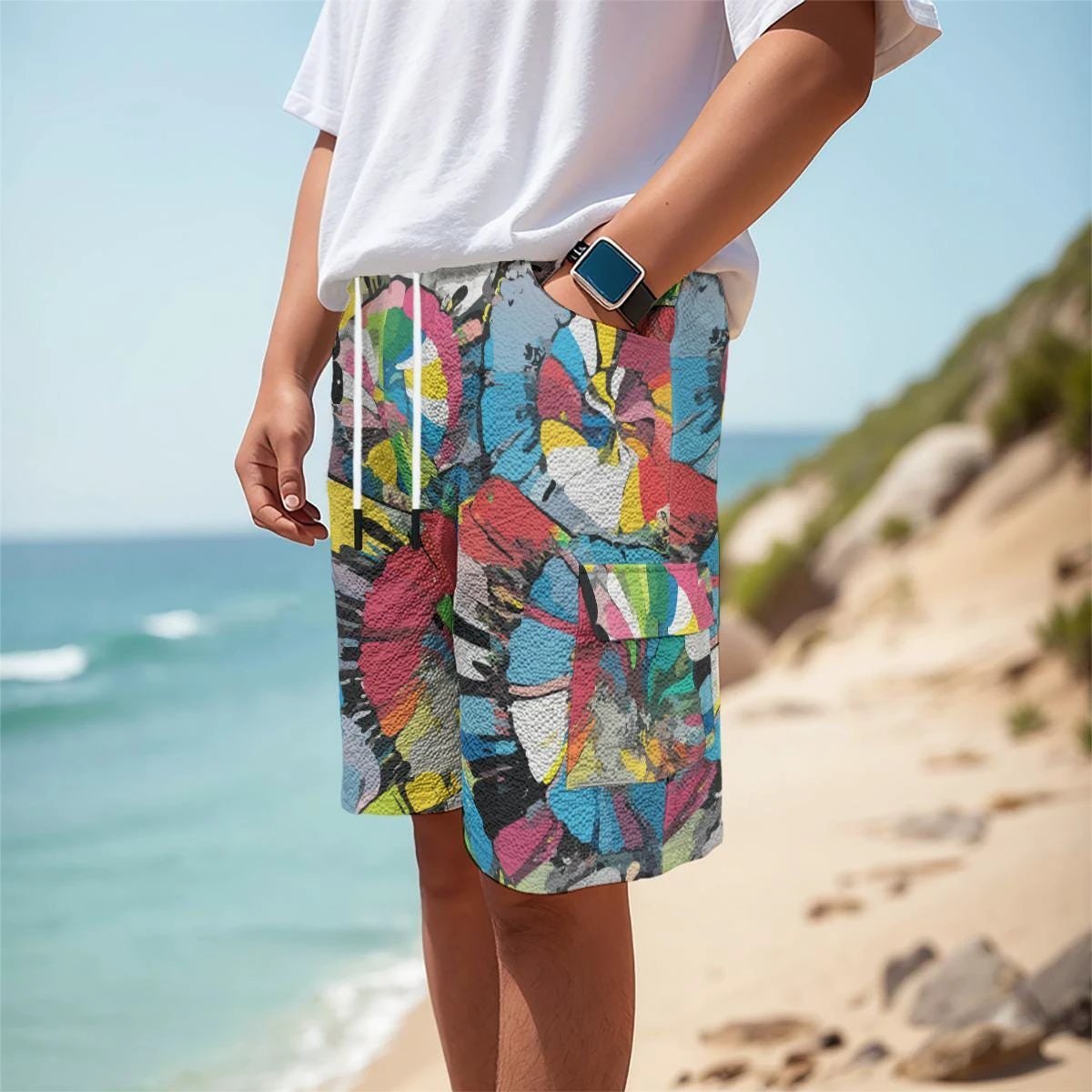 Color Wheel Cargo Shorts for Festival Season Maximalists — Tactical Abstract AOP, Quick-Dry Polyester-Spandex, Streetwear Pocket Shorts