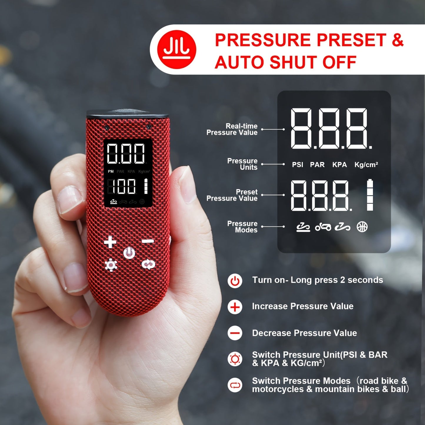 QCHMM Mini Electric Bicycle Pump, Digital LCD Pressure Gauge TJR3S9A