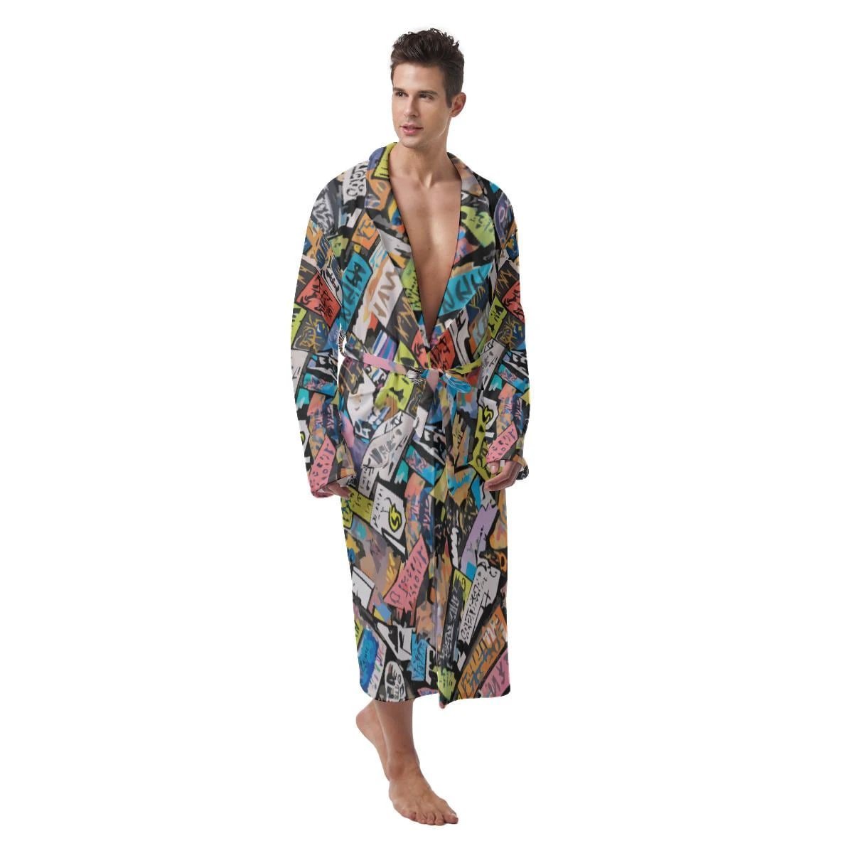 Graffiti Tag Kimono Robe — Neon Street Art AOP, Fur-Lined Duster