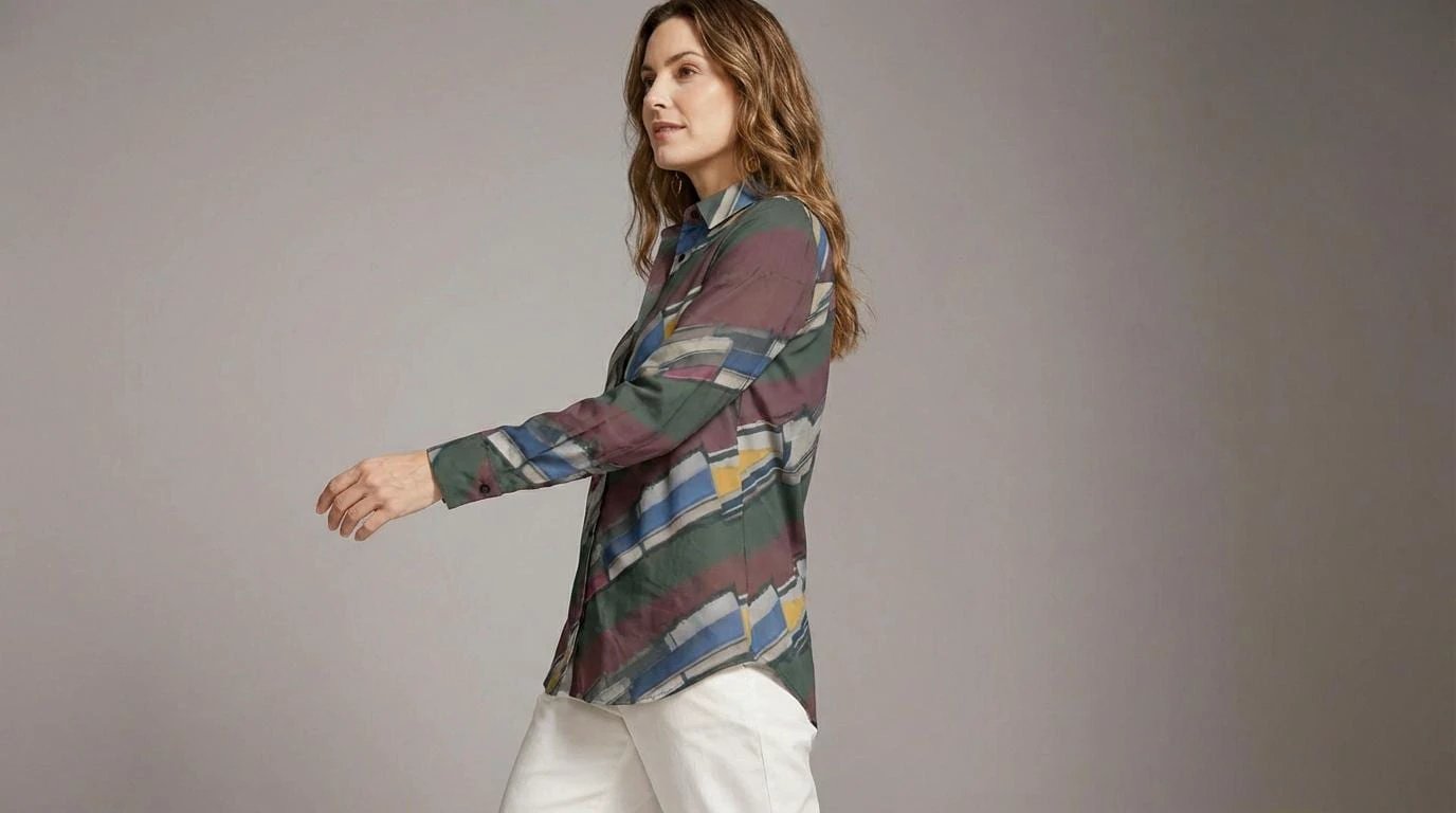Modern Abstract Geometric Brushstroke Blouse for Earthy Jewel Tone Dressers — Dyles Mavis AOP Acid Marble Top, Chaos-Core Liquid Stretch Fashion