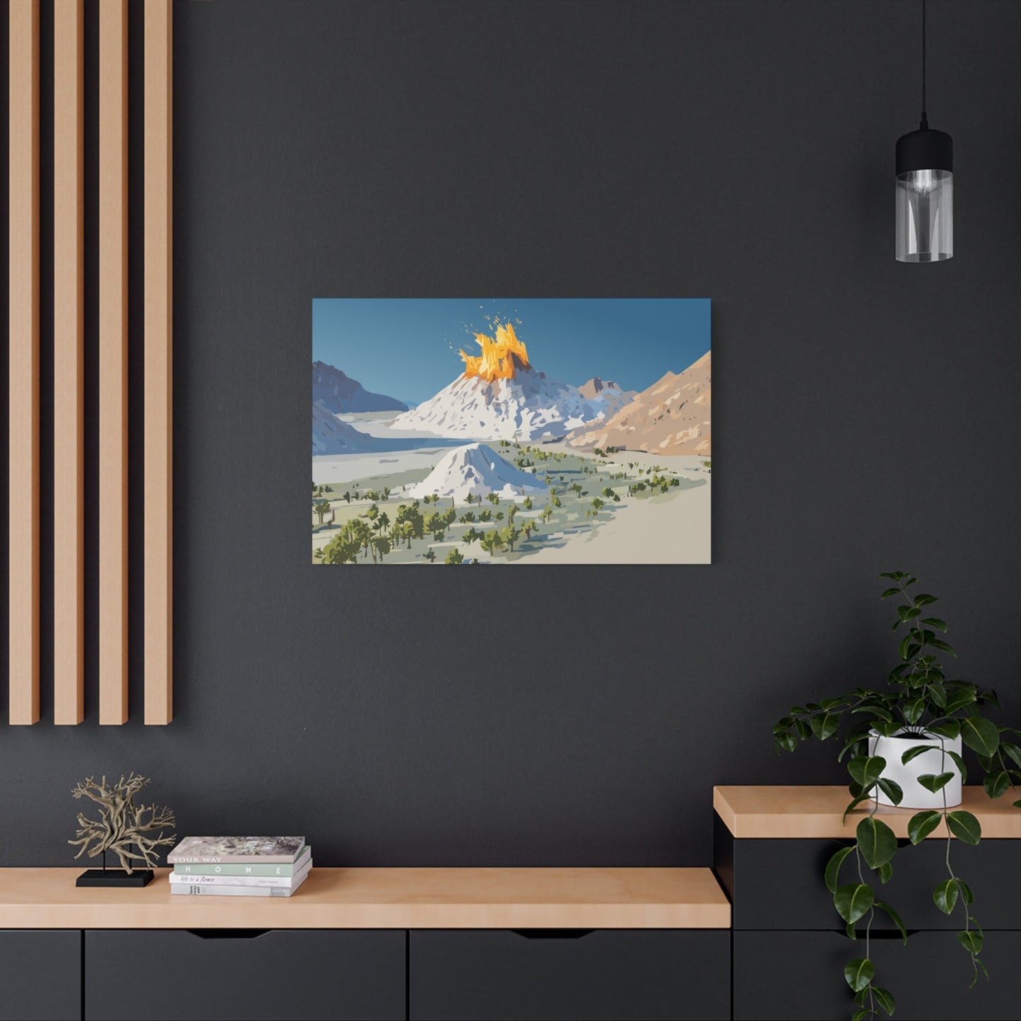 Tropical Volcano Eruption Canvas Wall Art | Stylized National-Park Vector Print on FSC-Certified Stretched Matte Canvas — Mystery Island Decor