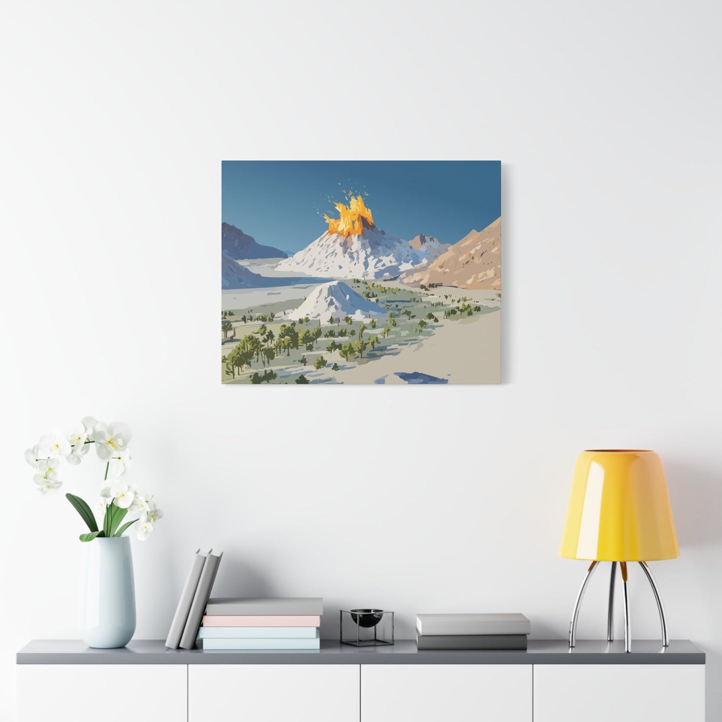 Tropical Volcano Eruption Canvas Wall Art | Stylized National-Park Vector Print on FSC-Certified Stretched Matte Canvas — Mystery Island Decor