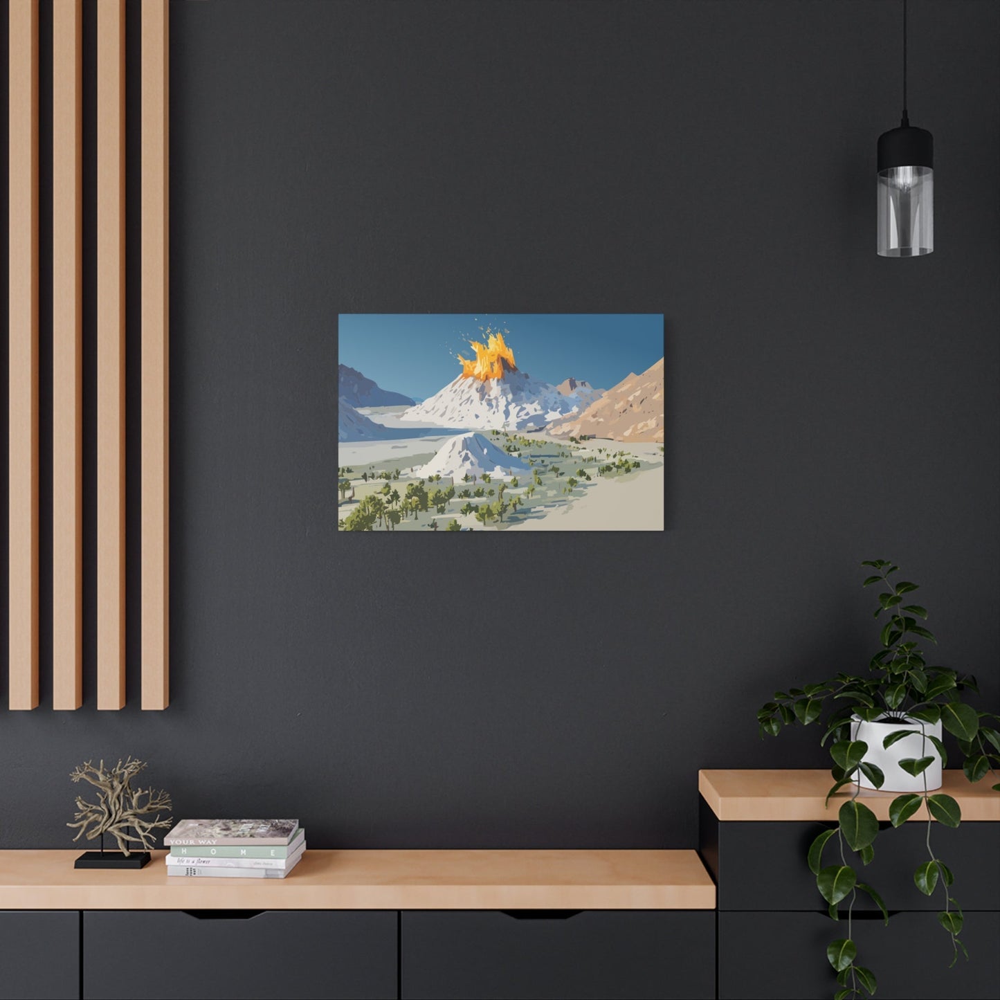 Tropical Volcano Eruption Canvas Wall Art | Stylized National-Park Vector Print on FSC-Certified Stretched Matte Canvas — Mystery Island Decor