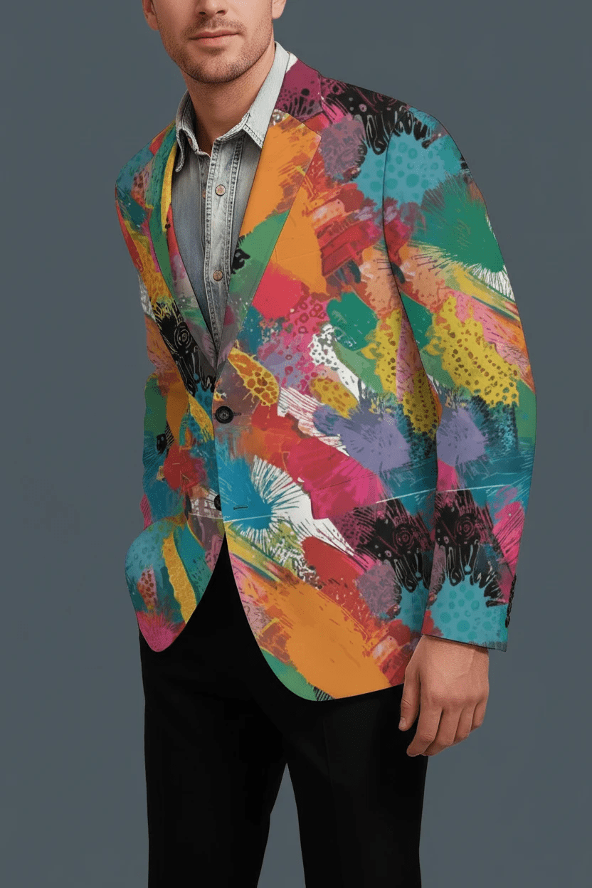 Maximalist Statement Blazer for Founders and Creatives — Abstract AOP Slim Fit Suit Jacket, Gallery Opening Formalwear, Entrepreneur Uniform