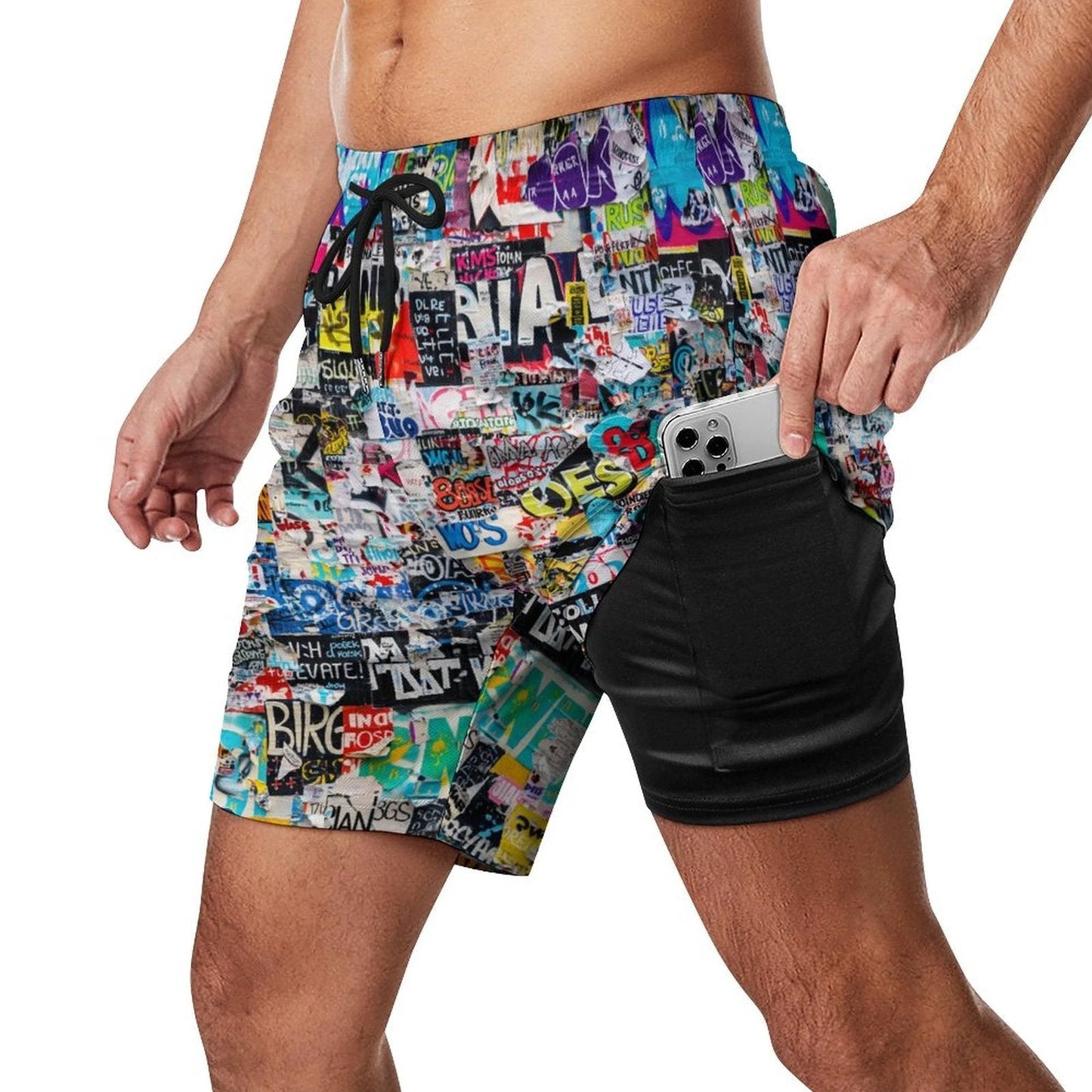 Sticker Bomb Beach Shorts with 4 Pockets — Street Collage AOP Swim-Ready Summer Shorts