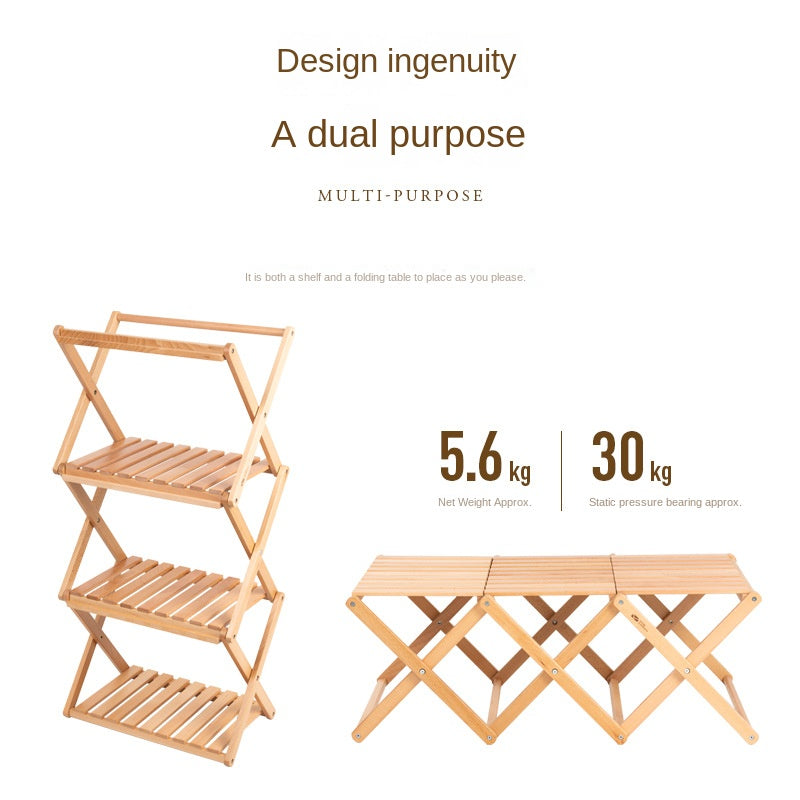 Mobi Garden Multi-Function Folding Table Portable Lightweight Solid Wood Storage Table Multi-layer Shelf Rack Foldable Wooden Table 4 Layer Shelves Outdoor Camping