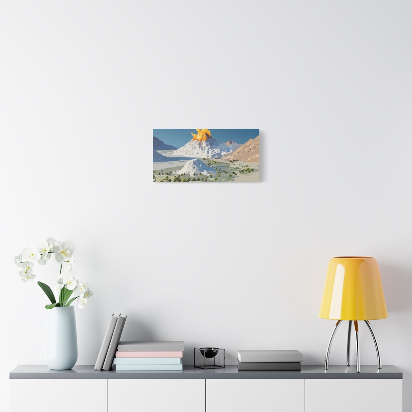 Tropical Volcano Eruption Canvas Wall Art | Stylized National-Park Vector Print on FSC-Certified Stretched Matte Canvas — Mystery Island Decor