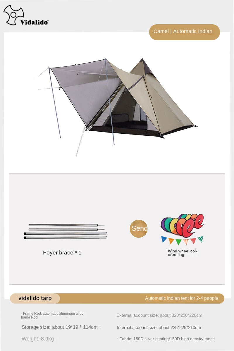 Vidalido Fast Automatic Indian Tent Style Teepee Tent Large Space For Up To 4 Person Quick Build Pyramid Tent 7.2m² Interior Space Waterproof Camping