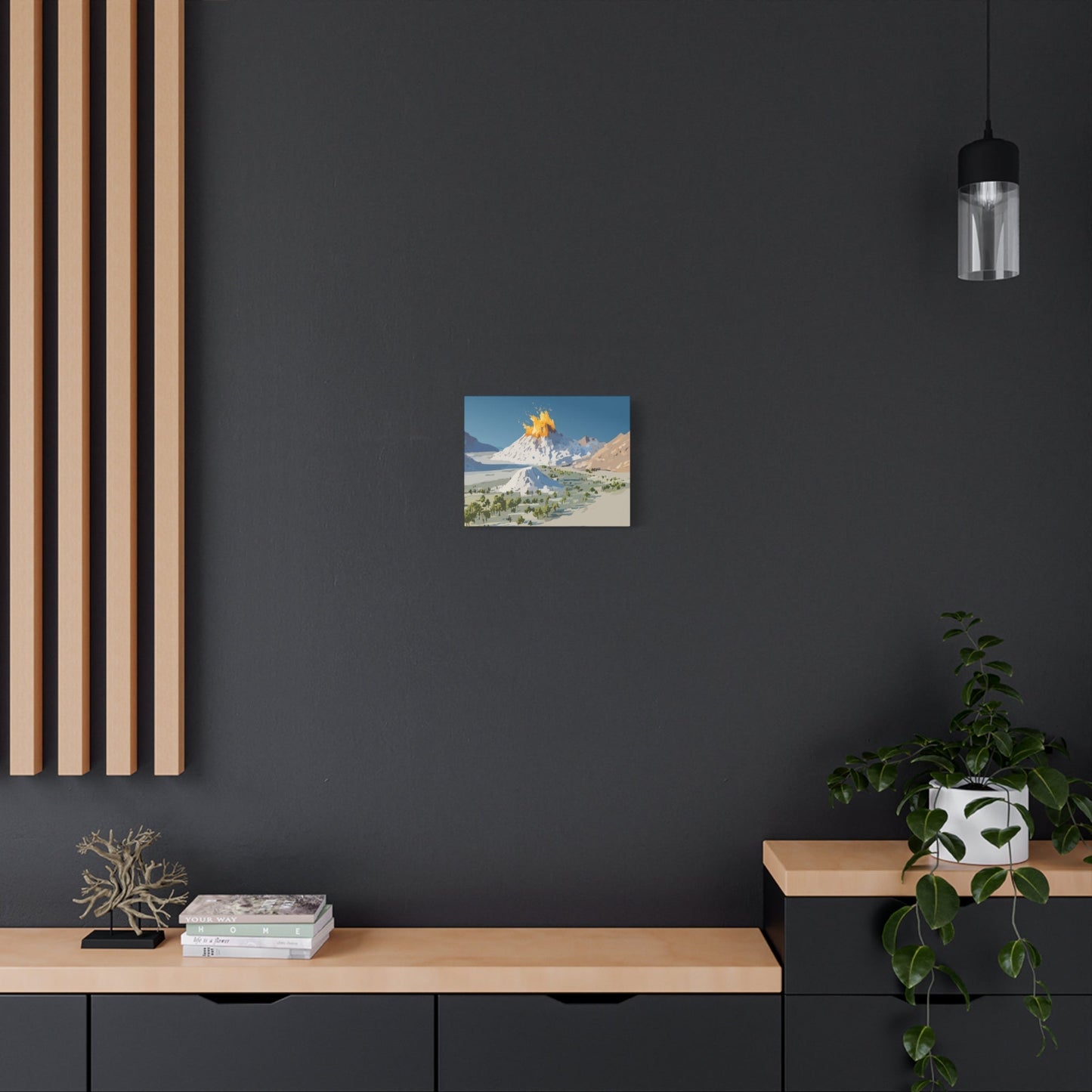 Tropical Volcano Eruption Canvas Wall Art | Stylized National-Park Vector Print on FSC-Certified Stretched Matte Canvas — Mystery Island Decor