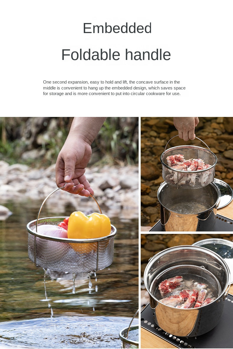 Campingmoon CC-22 Stainless Steel Drain Basket Portable Lightweight Round Mesh Net Strainer For Washing Draining Foods Folding Handle Filter Basket